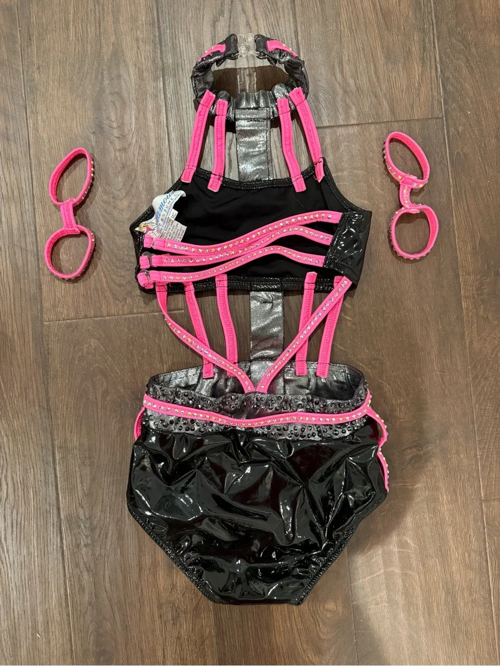 Glamour Costumes- Kids High-Neck Black & Pink Shiny Leotard